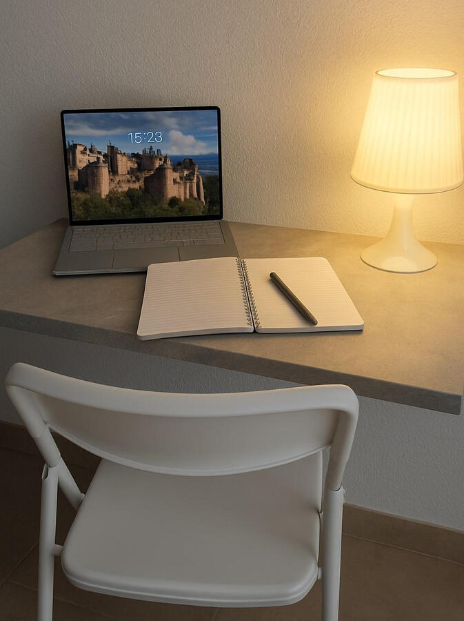 Cozy home workspace with desk, chair and lamp in Apartment Vali Torrevieja